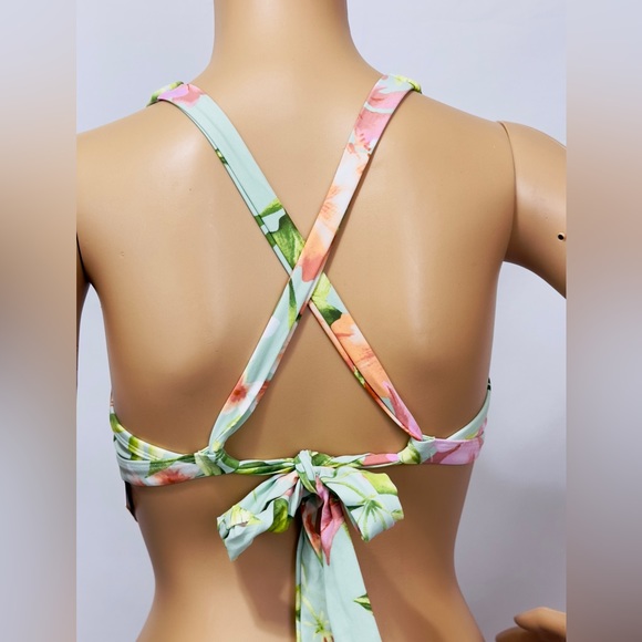 Kona Sol Light Green Tropical Bikini Top Crisscross Back S(4-6) - Picture 6 of 8